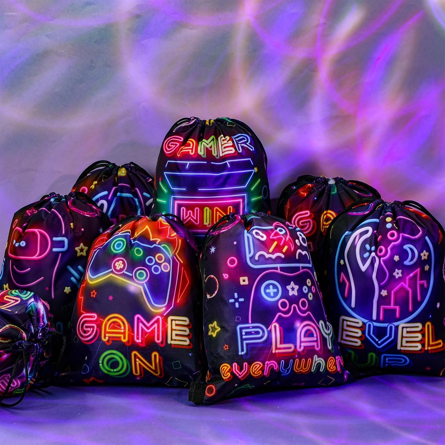 Huhumy 16 Pcs Video Game Party Favor Neon Game Drawstring Bags 12 x 10 Inch Video Theme Gifts Goodie Treat Candy Bags Party Supplies for Boys Girls for Kid Birthday