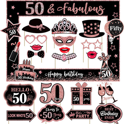 50th Birthday Decorations for Women Photo Booth Props, 25 Pcs 50th Birthday Decorations for Her Selfie Props Kit Black Rose Gold Happy Fifty Birthday Decorations Photo Booth Props