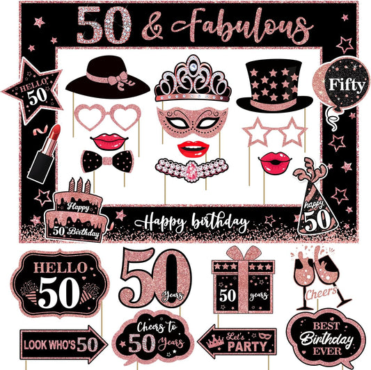 50th Birthday Decorations for Women Photo Booth Props, 25 Pcs 50th Birthday Decorations for Her Selfie Props Kit Black Rose Gold Happy Fifty Birthday Decorations Photo Booth Props