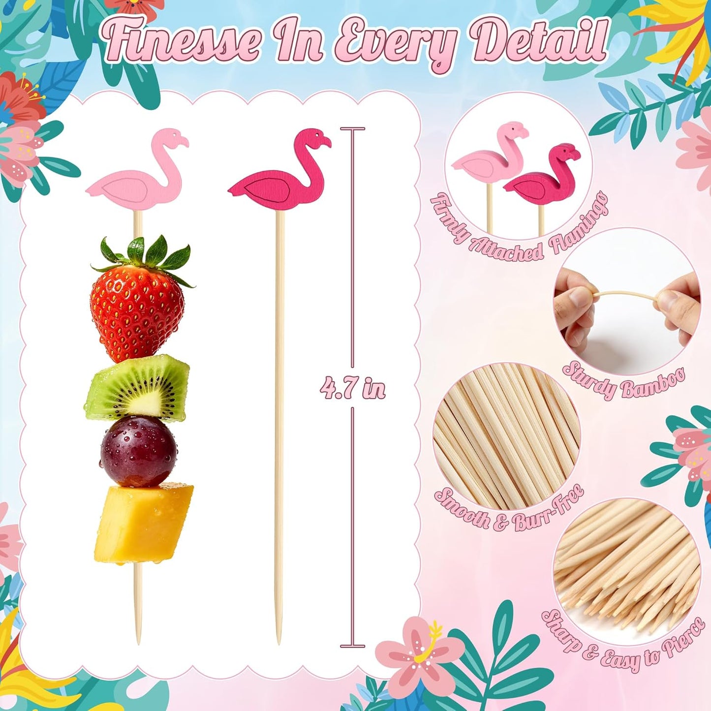 100 Pink Flamingo Cocktail Picks, 4.7 IN Decorative Toothpicks for Appetizers, Bamboo Fruit Skewers Charcuterie Sticks for Food Drinks, Summer Tropical Hawaiian Luau Themed Party Decorations Supplies