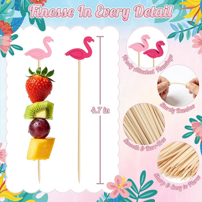 100 Pink Flamingo Cocktail Picks, 4.7 IN Decorative Toothpicks for Appetizers, Bamboo Fruit Skewers Charcuterie Sticks for Food Drinks, Summer Tropical Hawaiian Luau Themed Party Decorations Supplies