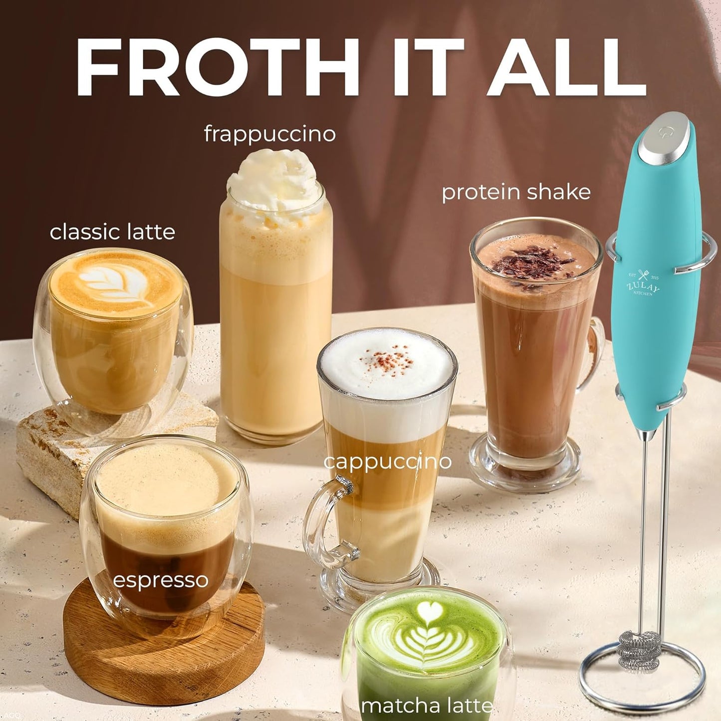 Zulay Kitchen Powerful Milk Frother Wand With Duracell Batteries - Ultra Fast Handheld Drink Mixer - Electric Whisk Foam Maker for Coffee, Lattes, Cappuccino & Matcha - Z1 Motor - Black - Colors D