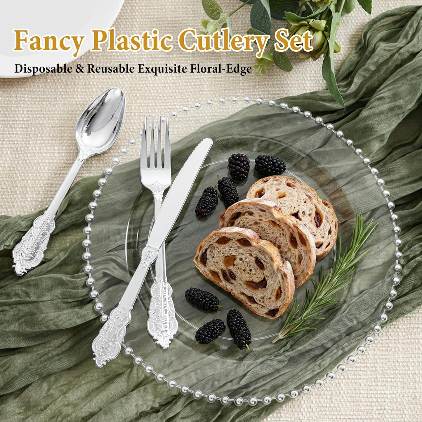 Supernal 360pcs Silver Plastic Cutlery,Elegant Plastic Silverware,Silver Hammed Silverware,Disposable Flatware,Include 120 Forks,120 Knvies,120 Spoons,Perfect for Birthday,Party,Wedding