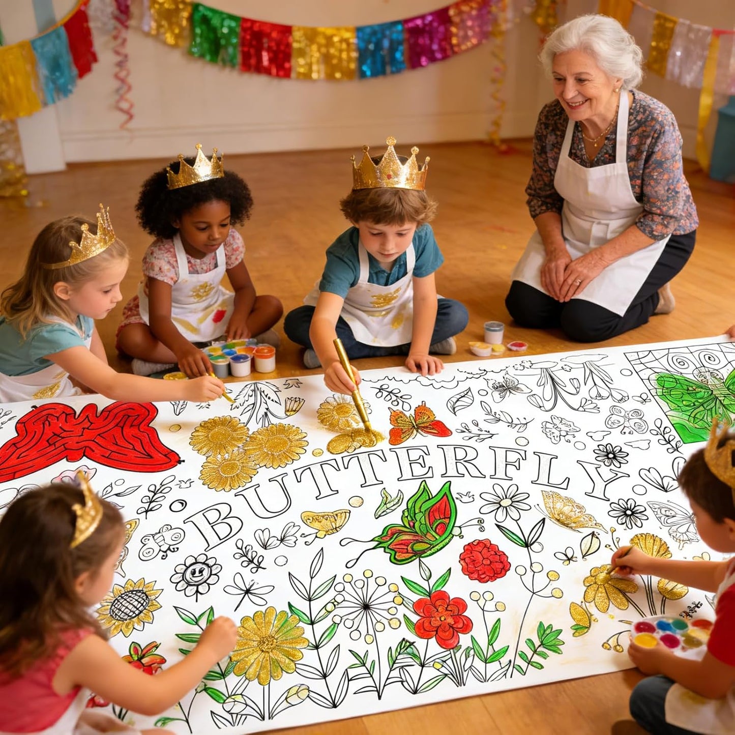Kids Coloring Tablecloth, Easter Bunny Egg Chick Theme Paper Coloring Poster, 31 x 72 Inch Spring Holiday Coloring Activity Party Table Cover