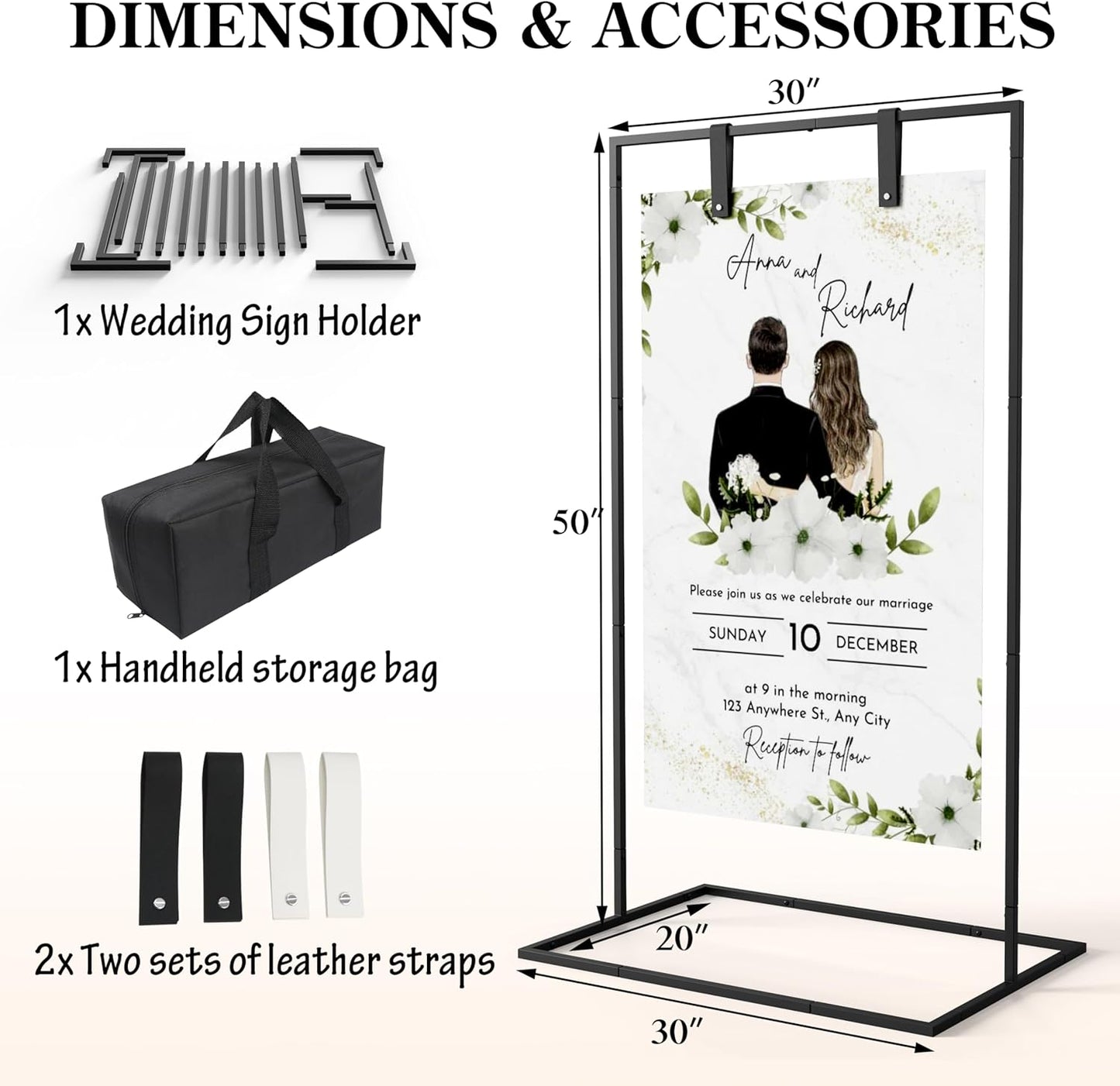 Wedding Sign Stand, Black Wedding Welcome Sign, Wedding Sign Holder with Storage Bag and Leather Sign Hanging Straps, Easel Stand for Sign, Welcome Sign for Party