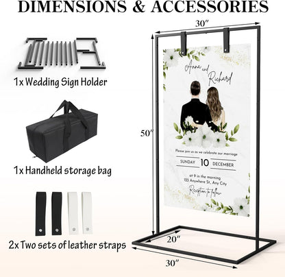 Wedding Sign Stand, Black Wedding Welcome Sign, Wedding Sign Holder with Storage Bag and Leather Sign Hanging Straps, Easel Stand for Sign, Welcome Sign for Party
