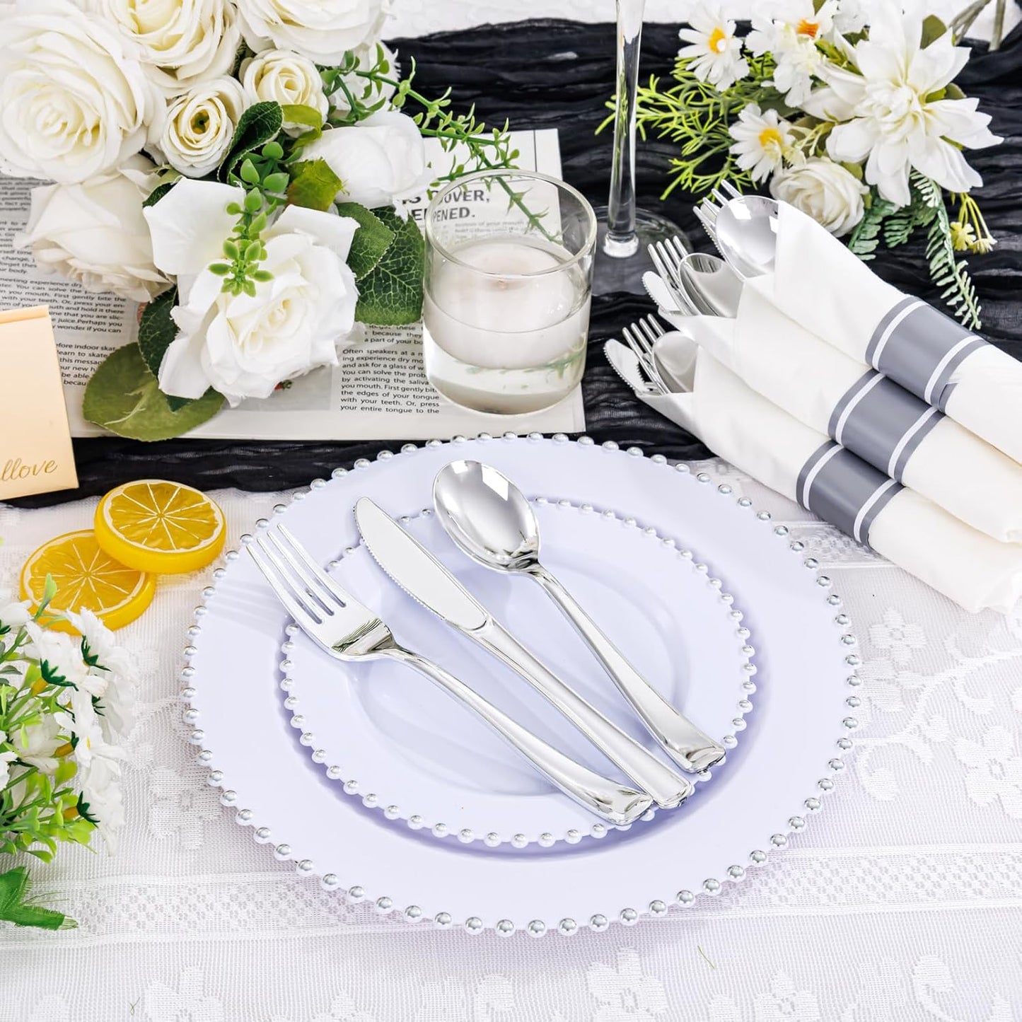 Supernal 240 Silver Plastic Silverware Set - 60 Sets Pre Rolled Napkins with Cutlery - Mirror Polished Real Look Disposable Silver Utensils- Elegant Heavy Duty Flatware for Weddings & Catering
