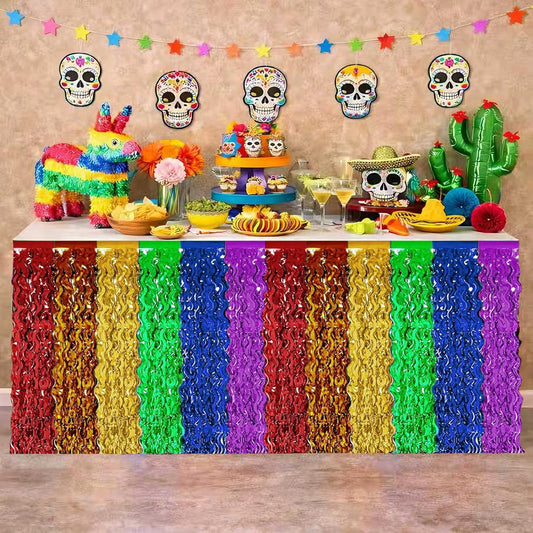 2 Pack Fiesta Metallic Fringe Table Skirt, Rainbow Foil Table Skirts for Fiesta Party, Cinco de Mayo Decorations, Colorful Birthday and Celebration Table Decor