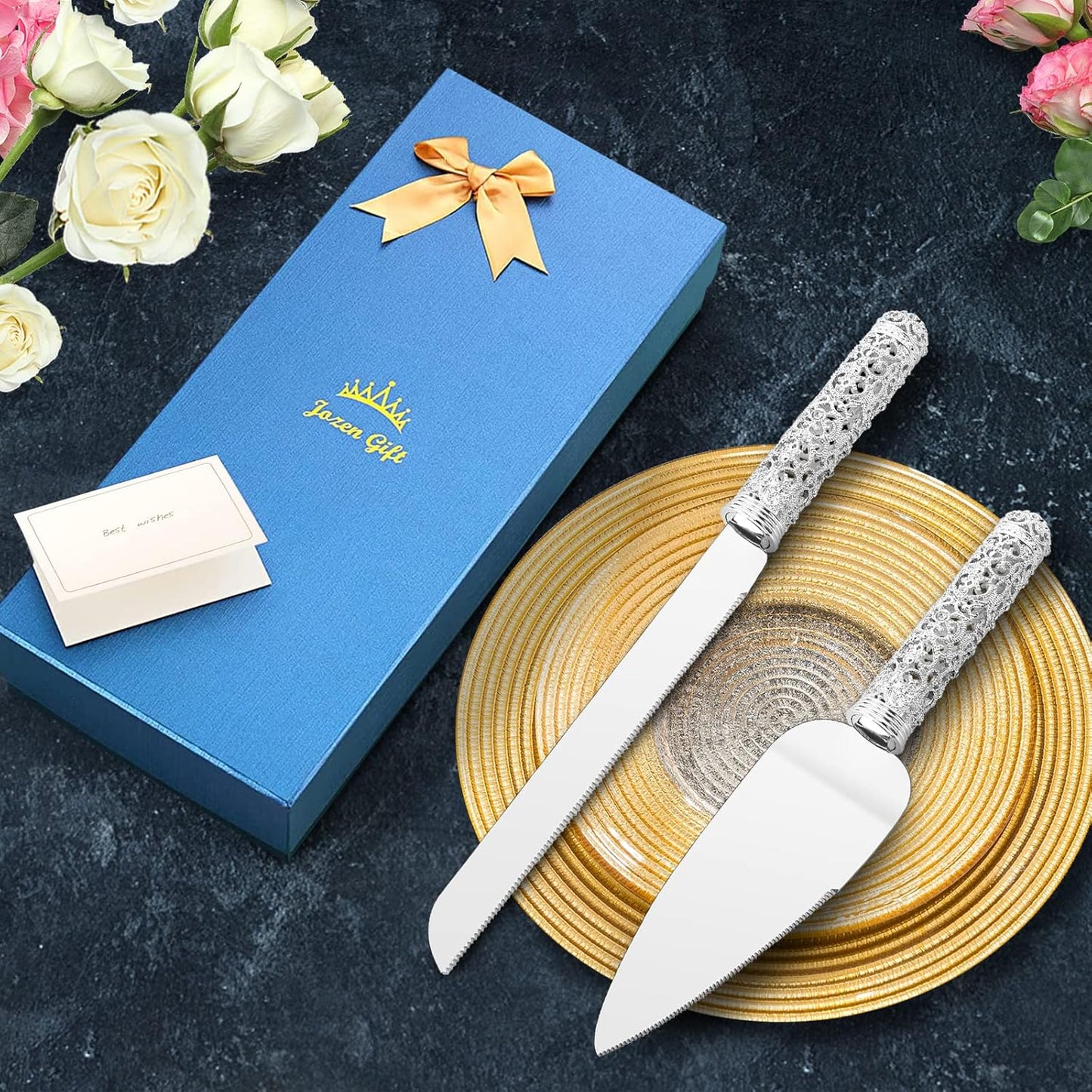 Gold Cake Knife and Server Set - 2 Piece Dessert Set Metal Handle with Crystal Stones Decoration for Wedding, Anniversary Party Birthday Banquets and Gifts for Bride and Groom
