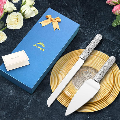 Gold Cake Knife and Server Set - 2 Piece Dessert Set Metal Handle with Crystal Stones Decoration for Wedding, Anniversary Party Birthday Banquets and Gifts for Bride and Groom