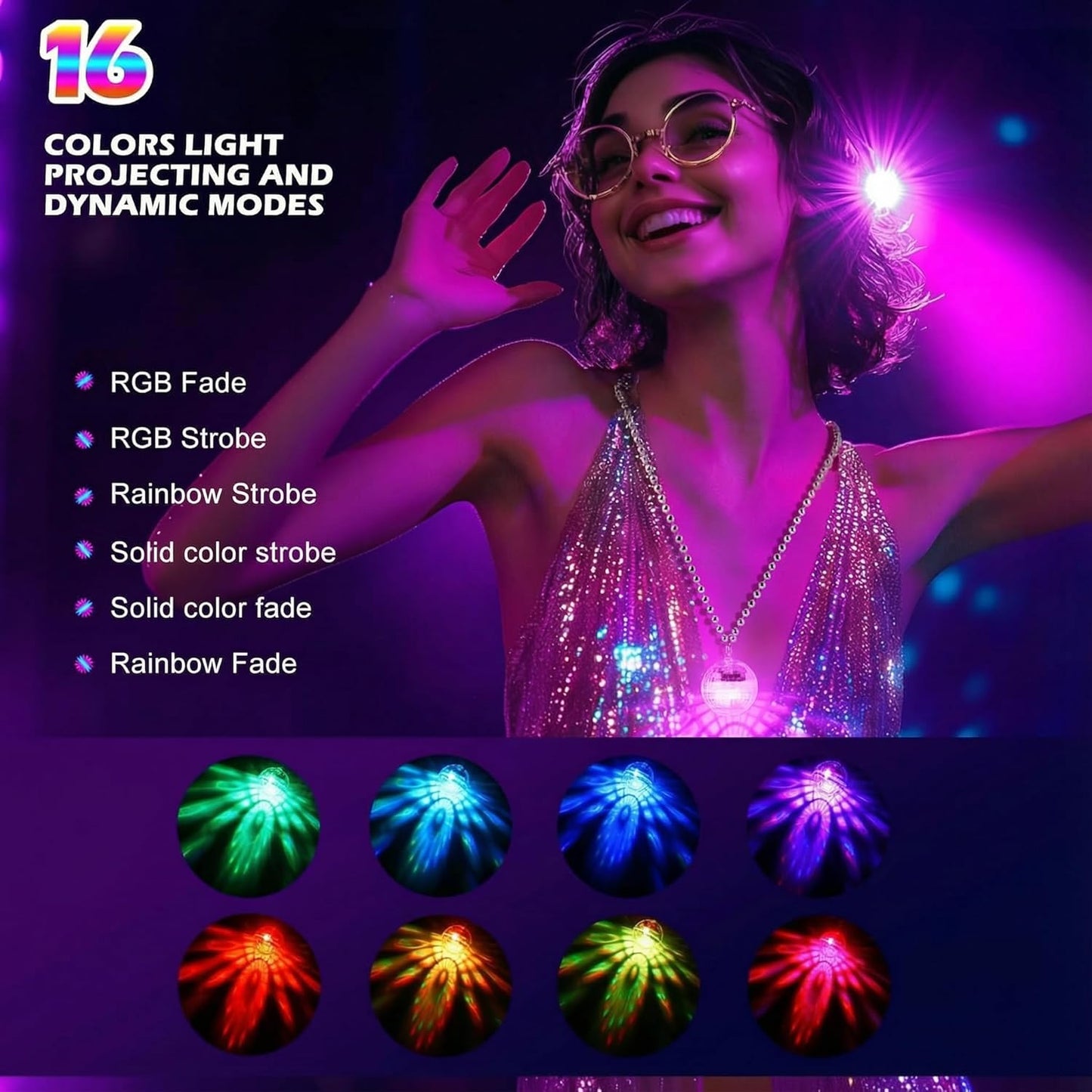 Light Up LED Necklaces for Women - 16 Color Changing USB Rechargeable Flashing Pendant, Disco Party Rave Festival Jewelry, Electronic Light Up Necklace