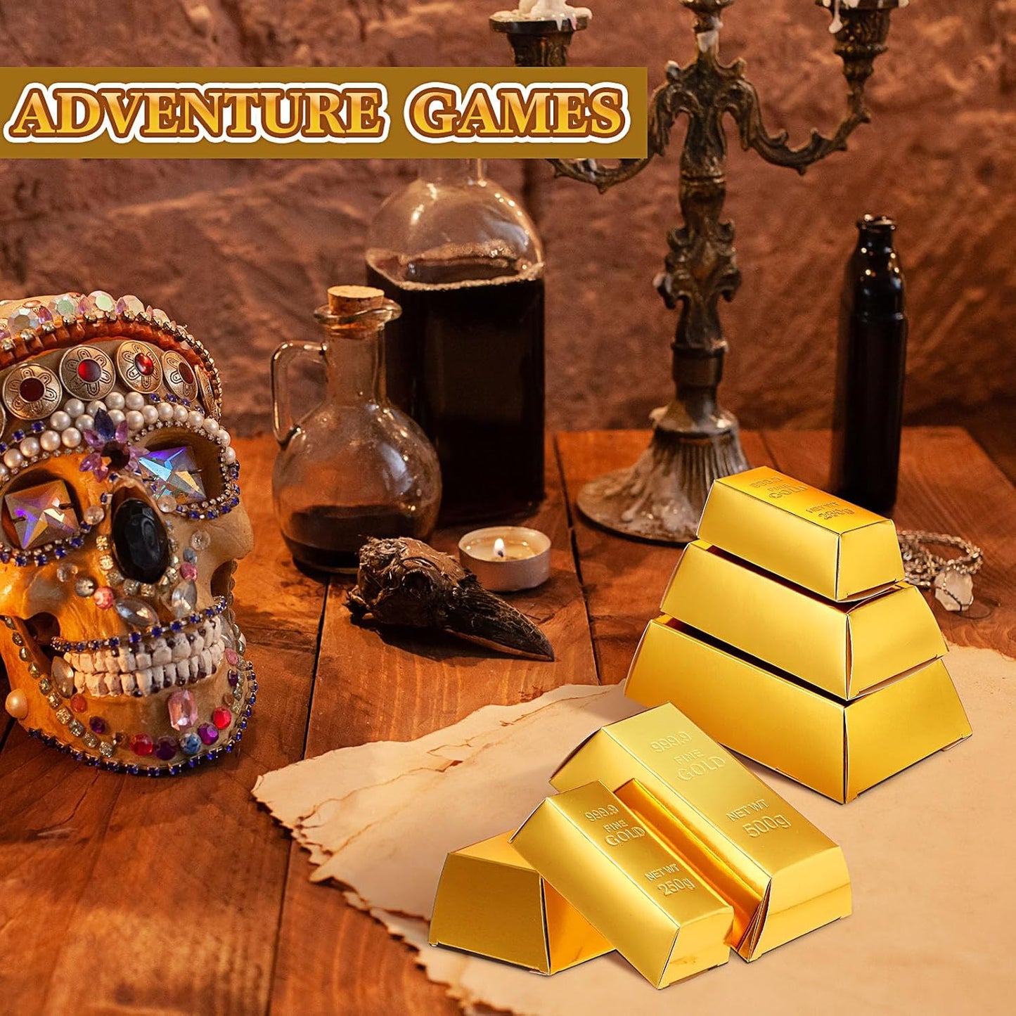 Honoson 24 Pcs Gold Bar Fake Gift Box Foil Gold Bar Party Favor Boxes Paper Golden Favor Boxes Treasure Brick for Pirate Casino Theme Party Decorations Candy Treats Chocolate Toys, 5.5 x 3.2 Inches