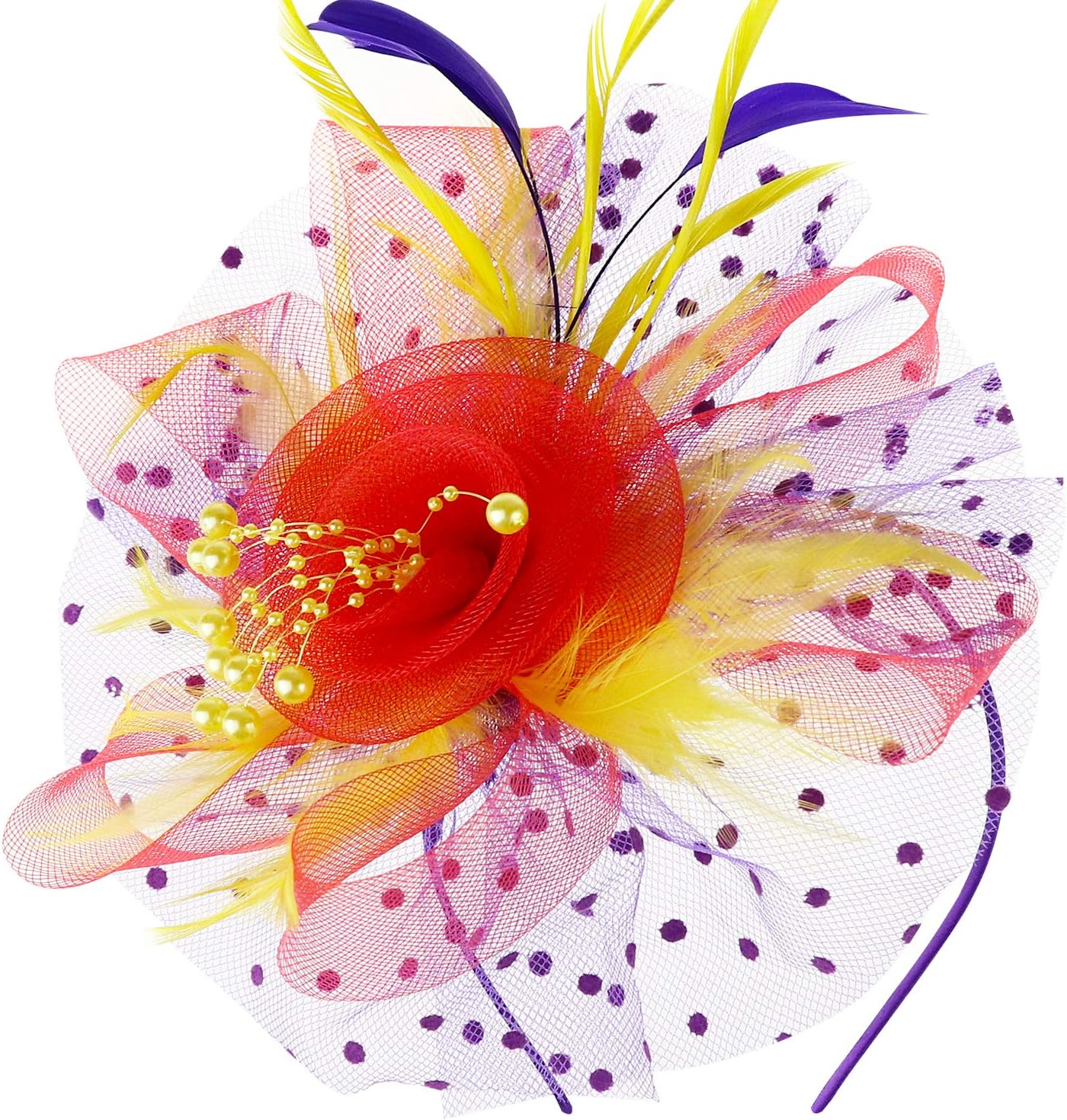 DRESHOW Fascinators Hat Flower Mesh Ribbons Feathers on a Headband and a Clip Tea Party Headwear for Girls and Women - Colors B