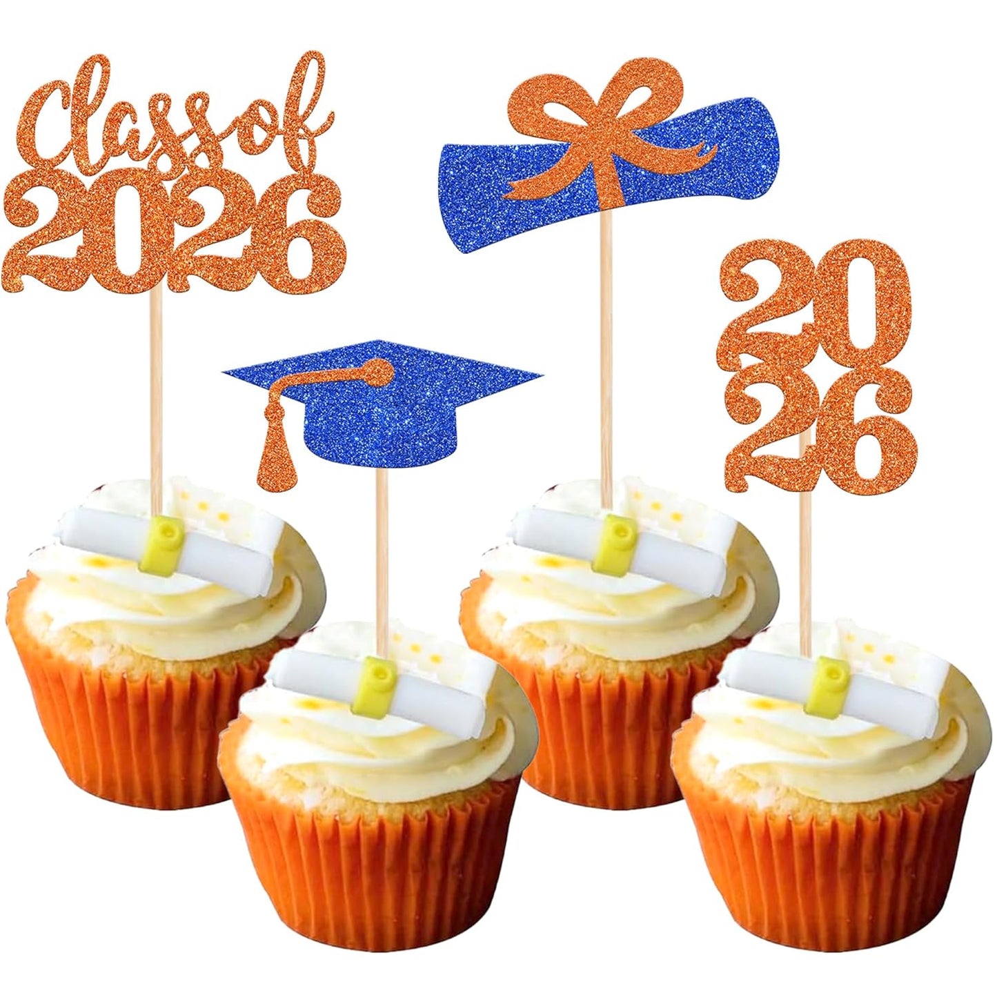 36 PCS 2026 Graduation Theme Cupcake Toppers Glitter Class of 2026 Grad Cap Diploma Cupcake Picks 2026 Graduation Theme Party Cake Decorations Supplies Deep Blue