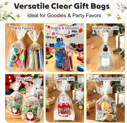 PigPotParty Cellophane Treat Bags 6x9 Inch, 50 Pack Clear Goodie Bags with Bottom Gusset for Stand-Up Display, Small Plastic Gift Wrap for Cookies, Candy, Party Favors, Popcorn, Includes 50 Gold Ties