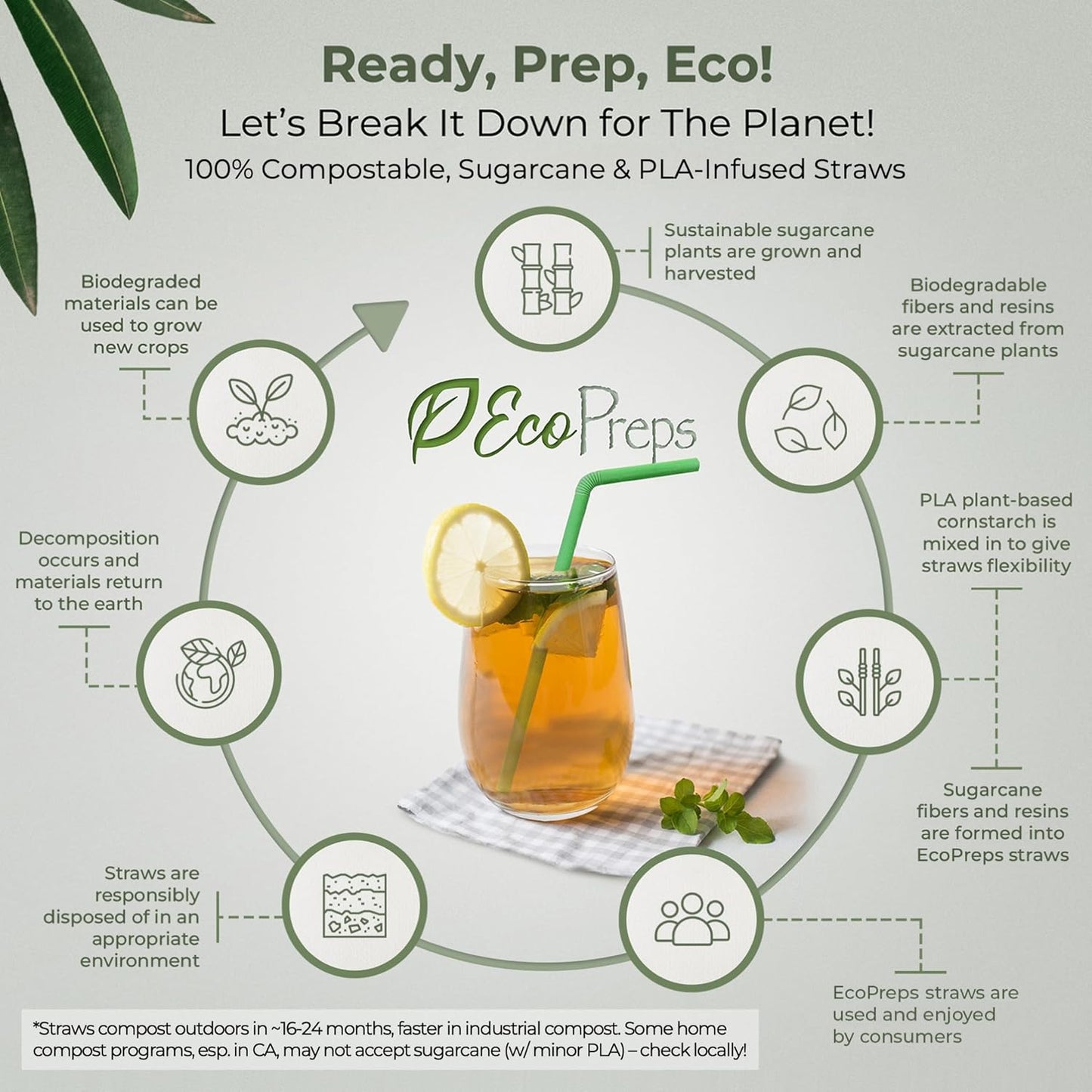 EcoPreps Biodegradable Sugarcane Straws | 150 Count, 100% Compostable, Plastic-Free, & Eco-Friendly Drinking Straw | 7.8'' Sugar Fiber Disposable Straws, Smoothie Straw for Home, Restaurant, Parties