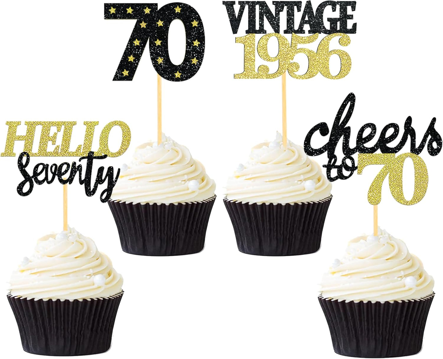 24 Pcs Glitter 70th Birthday Cupcake Toppers for Celebrating 70th Birthday Party Decorations for Seventy Years Old Birthday Party Supplies (Rose Gold2)