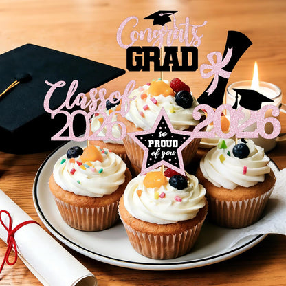 48 PCS Graduation Cupcake Toppers, Glittery 6 Styles Congrats Grad Cake Topper, Black and Red Graduation Decorations 2026, Cap and Diploma Cake Picks for Grad Party Supplies