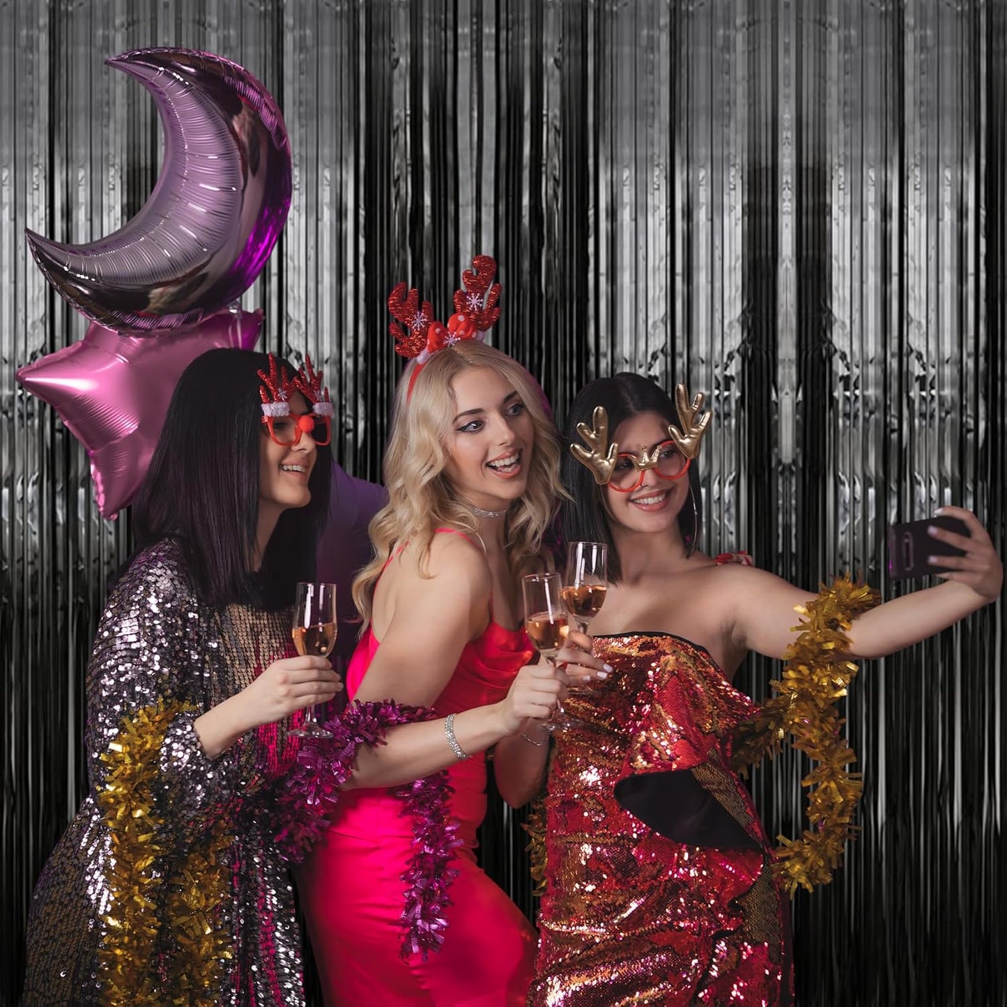 Birthday Party Decorations: 3 Pack 3.3 x 9.9 ft Gold Foil Fringe Curtains Party Supplies, Tinsel Curtain Backdrop for Parties/Birthday/Photo Booth