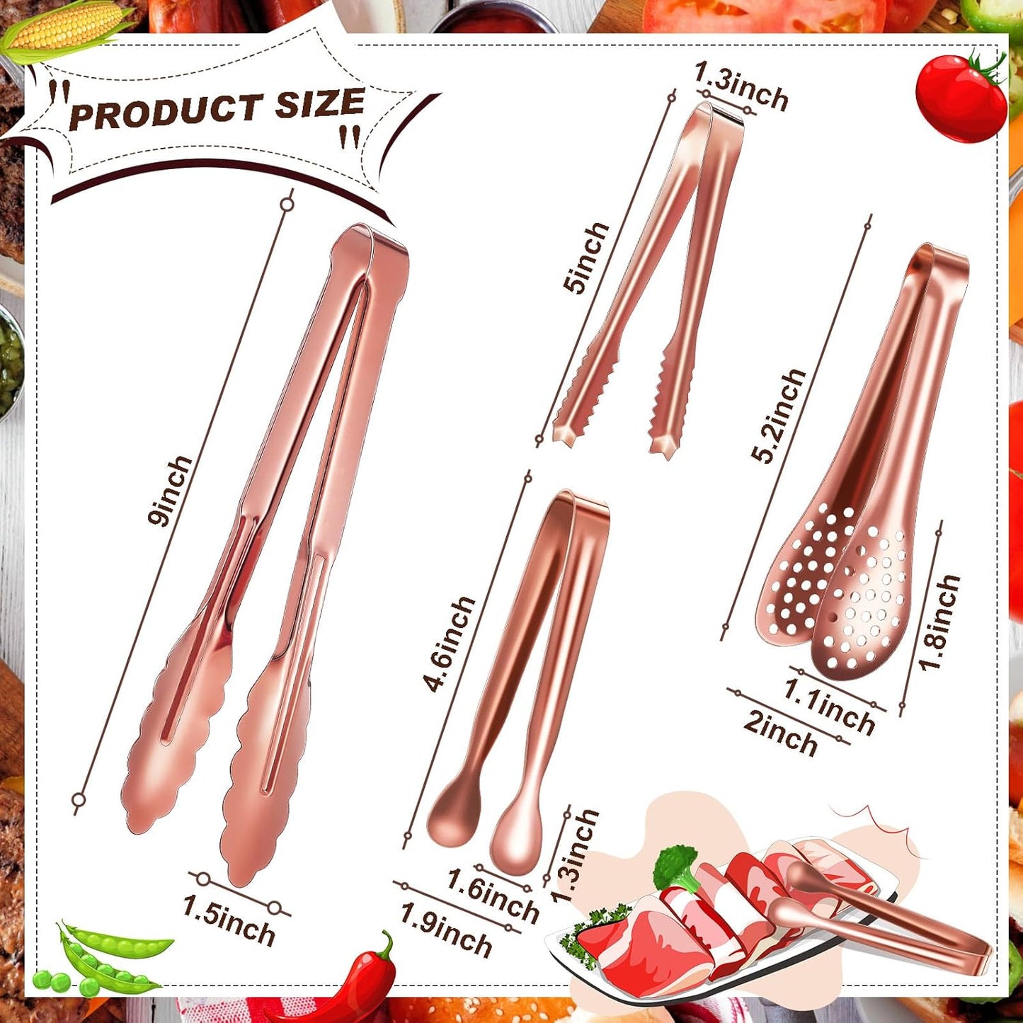 Sawysine 12 Pieces Tongs for Serving Utensils Mini Serving Tong Stainless Steel Appetizer Kitchen Toy Sugar Ice Food Cooking Utensils for Salad Buffet Party, 5 Inch, 9 Inch(Gold)