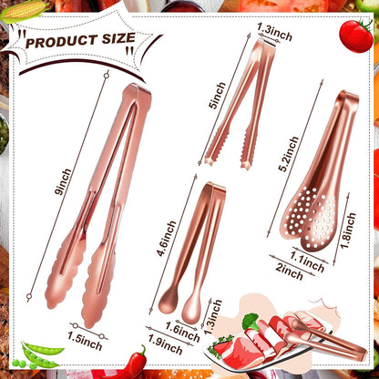 Sawysine 12 Pieces Tongs for Serving Utensils Mini Serving Tong Stainless Steel Appetizer Kitchen Toy Sugar Ice Food Cooking Utensils for Salad Buffet Party, 5 Inch, 9 Inch(Gold)