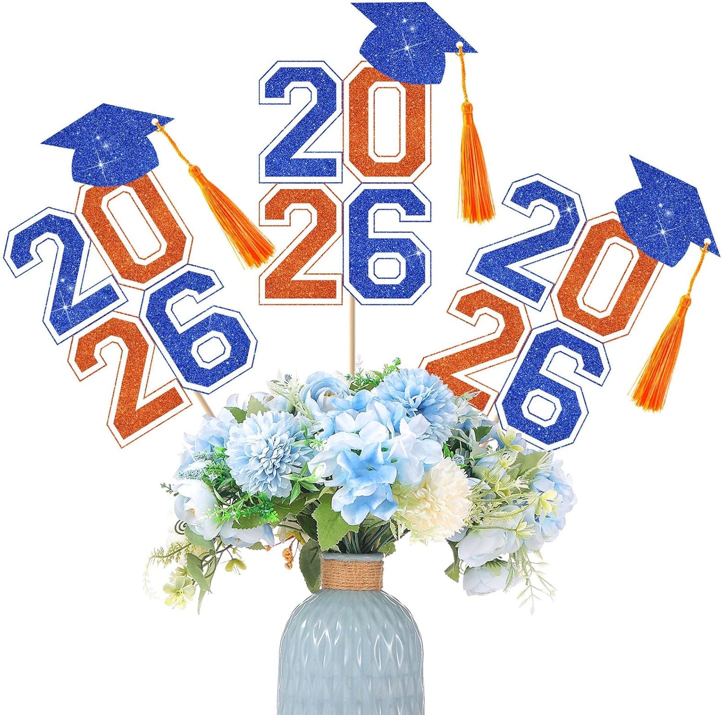 10 Pcs Graduation Table Centerpieces Sticks with Tassels, class of 2026 Grad Cap Picks Table Decoration Cupcake Toppers for Party Centerpiece Decoration Supplies(Blue and Gold)