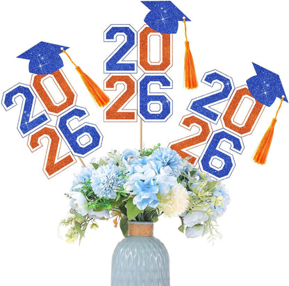 10 Pcs Graduation Table Centerpieces Sticks with Tassels, class of 2026 Grad Cap Picks Table Decoration Cupcake Toppers for Party Centerpiece Decoration Supplies(Blue and Gold)