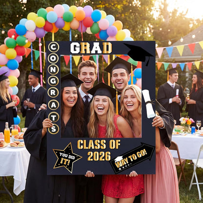 RattanView 2026 Graduation Photo Booth Props Frame Class of 2026 Congrats Grad Selfie Picture Frame, Cardboard Large Photo Booth Prop for High School & College Graduation Party Decorations