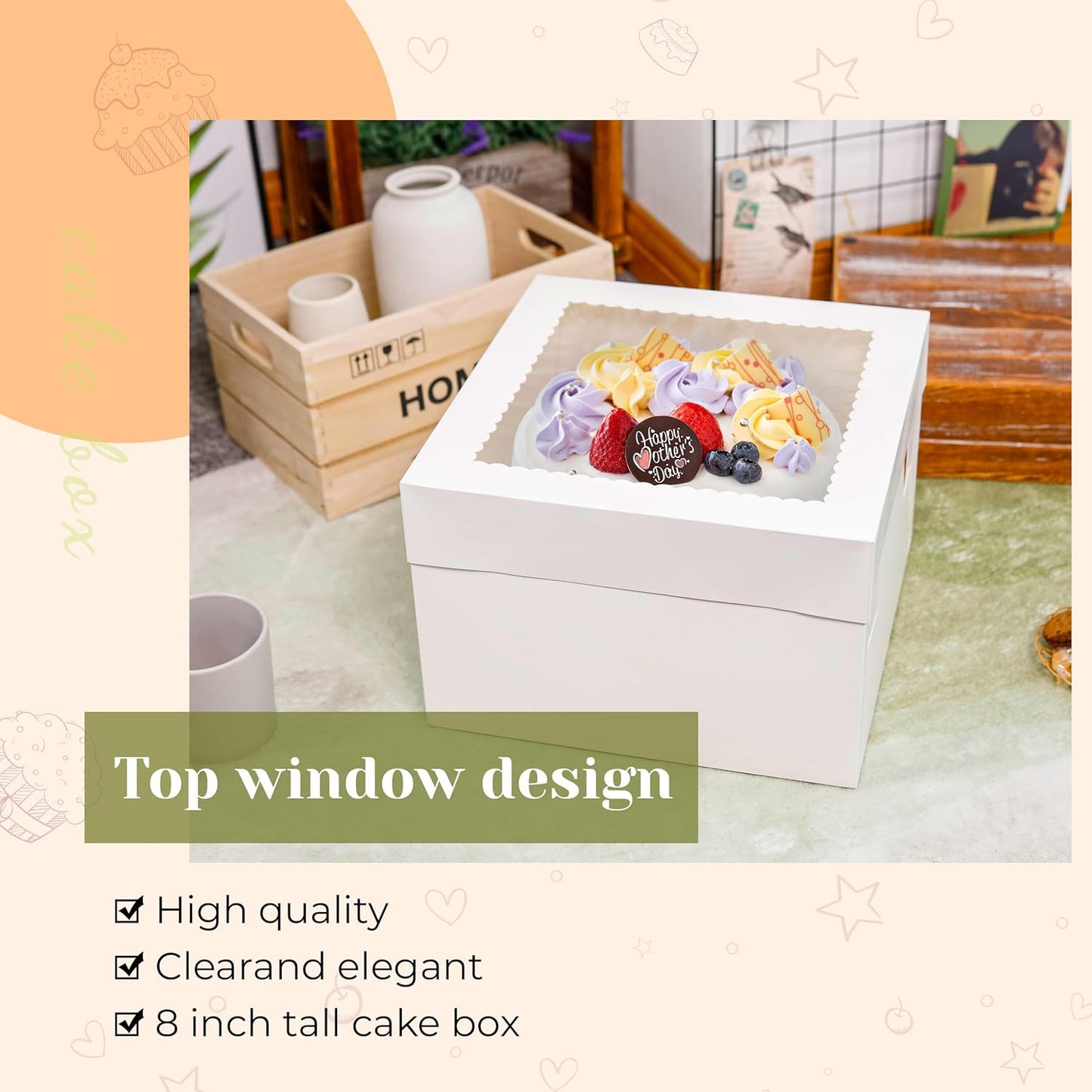 NPLUX 10 Pack Cake Boxes 12x12x8 Inch White Cake Boxes with Window Cajas Para Pasteles for Weddings Birthdays