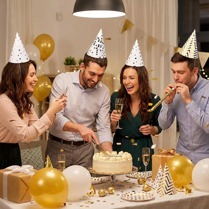 Boieo Party Hats Birthday Cone Set Gold Polka Dot Striped Paper for Adults Kids Happy Birthday Party Decorations 12 Pcs