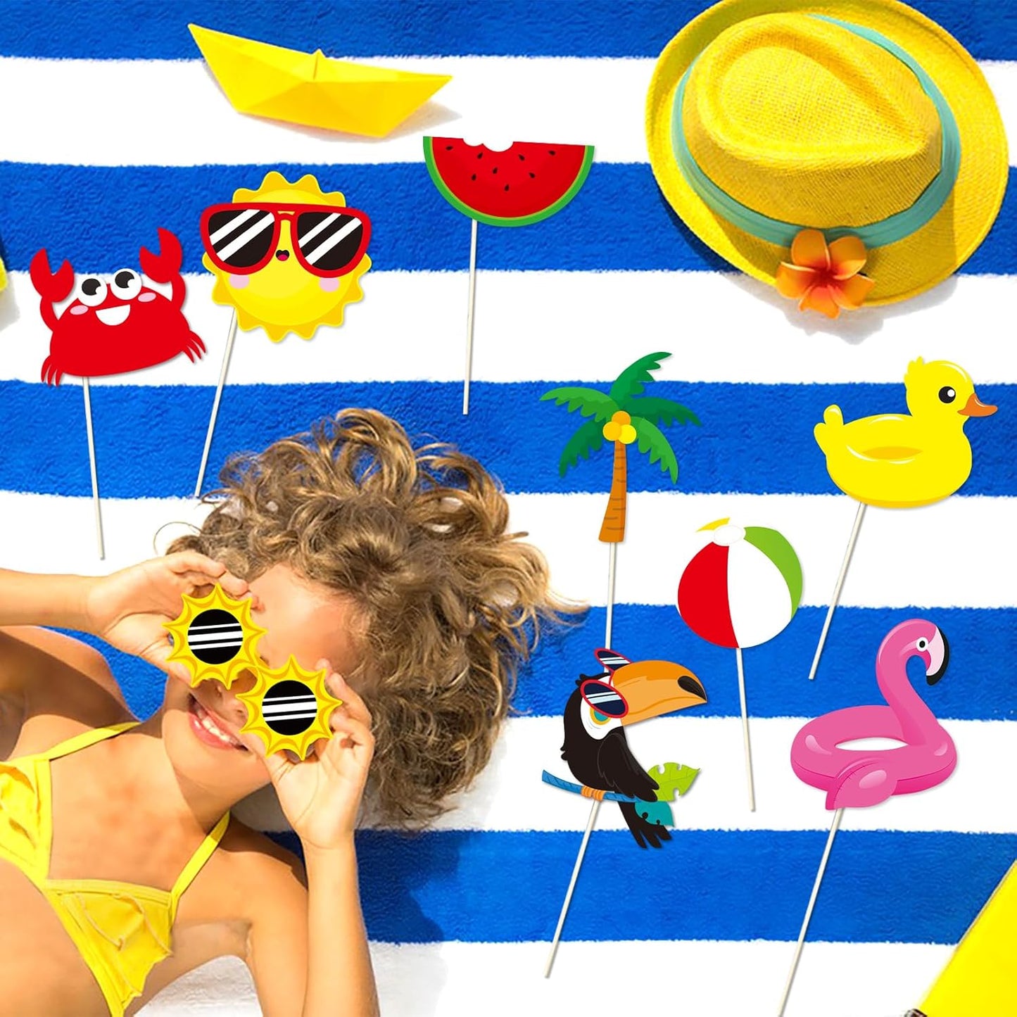Summer Pool Beach Photo Booth Props 30 Pack Pool, Hawaiian, Beach, Luau Photo Booth Props, Tropical Themed Party with Stick and Glue for Summer/Pool/Tiki/Hawaiian Party Supplies Decor Photobooth Kit
