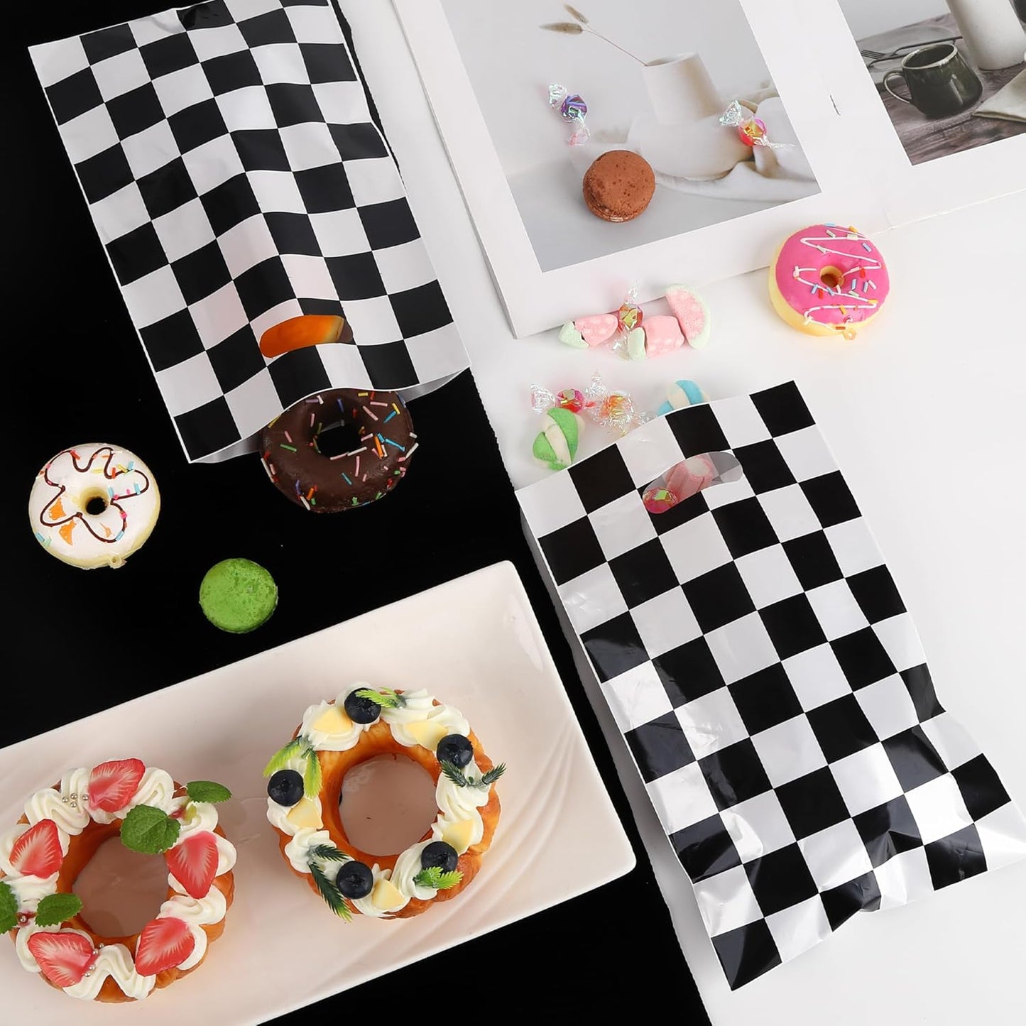 Mikzhskr 30Pcs Race Car Party Favors Bag Goodie bags Racing in Speed Party Decorations Soccer Theme Black and White Checkered Candy Bags with Handles for Kids Race Car Birthday Party Supplies