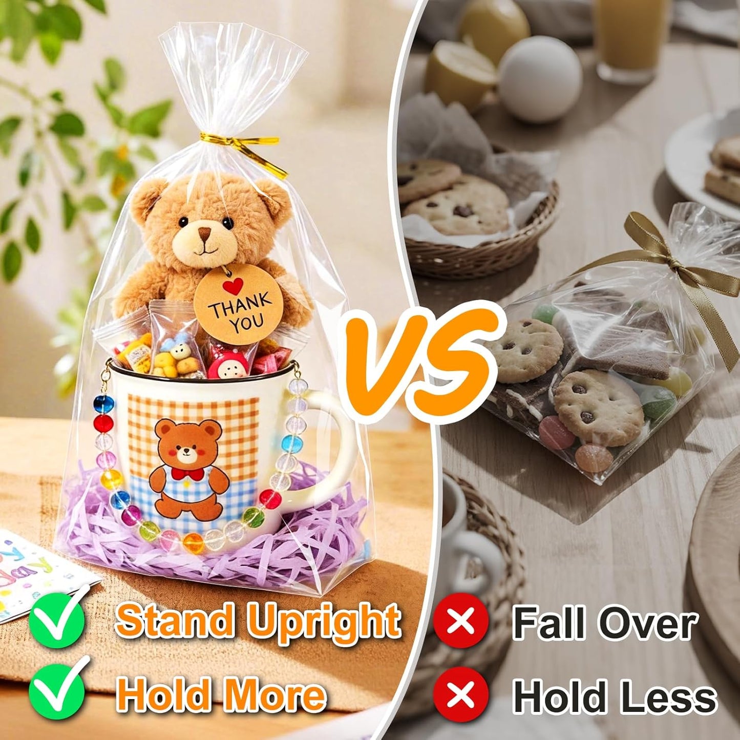 PigPotParty Cellophane Treat Bags 6x9 Inch, 50 Pack Clear Goodie Bags with Bottom Gusset for Stand-Up Display, Small Plastic Gift Wrap for Cookies, Candy, Party Favors, Popcorn, Includes 50 Gold Ties