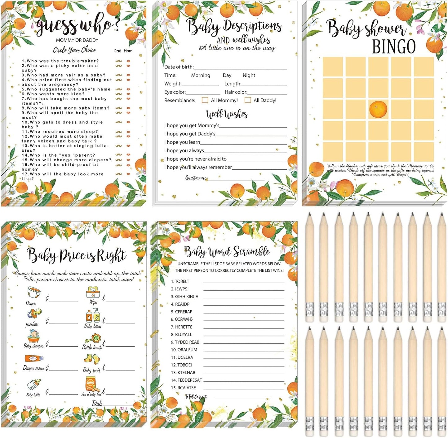 Yinder 145 Pcs Baby Shower Games Activities Cards with 20 Pencils Includes Baby Bingo Description and Wishes Guess Who Price is Right Word Scramble Game(Here Comes the Son)