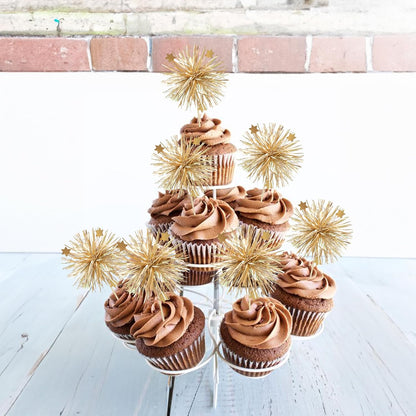 Ephlyn 30Pcs Foil Firework Cupcake Toppers Sparkle Tinsel Cupcake Picks Drink Stirrers Cocktail Food Fruit Toothpicks for Baby Shower Graduation Party Supplies White