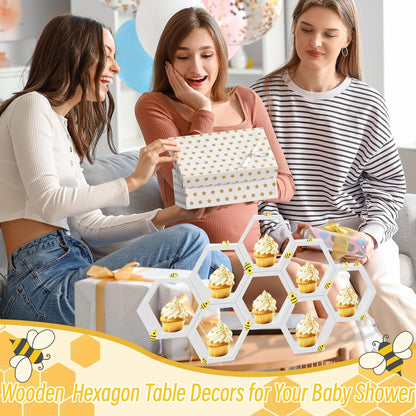 8 Pcs 4.13 Inch Honeycomb Cupcake Stand Cake Farmhouse Hexagon Display Holder Hexagonal Wood Cupcake Stand Floating Table Sign with Wooden Bee for Wedding Baby Shower Birthday Party Table Decorations