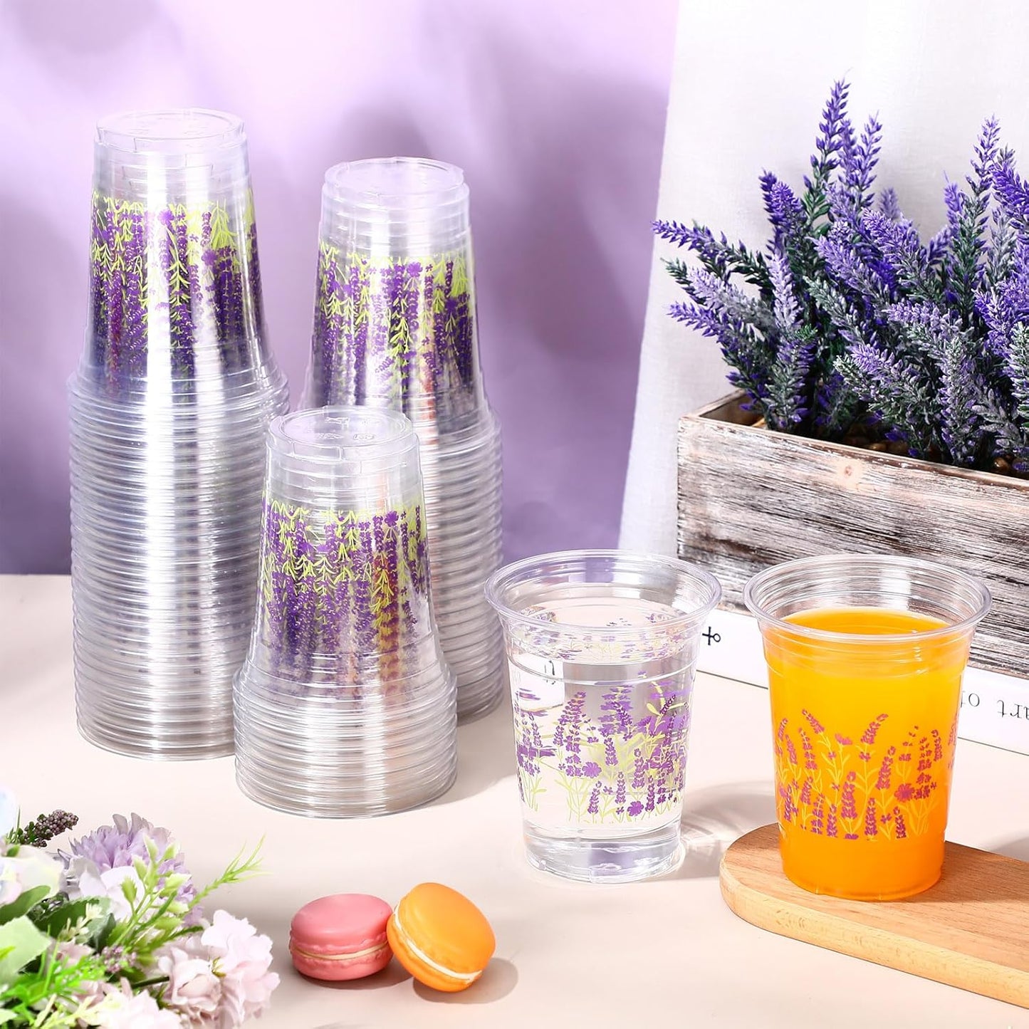 Hushee 60 Pcs Purple Floral Cups with Spring Summer Flower 16 oz Wildflowers Plastic Disposable Drinking Cups for Summer Spring Birthday Baby Shower Wedding Party Supplies