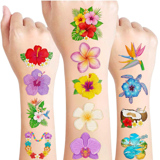 96PCS Tropical Flower Temporary Tattoos Stickers - Summer Hawaii Themed Party Favors Party Decorations Accessories Supplies Hibiscus Plumeria Gift Idea For Kids Teens Adult Classroom Prizes Rewards