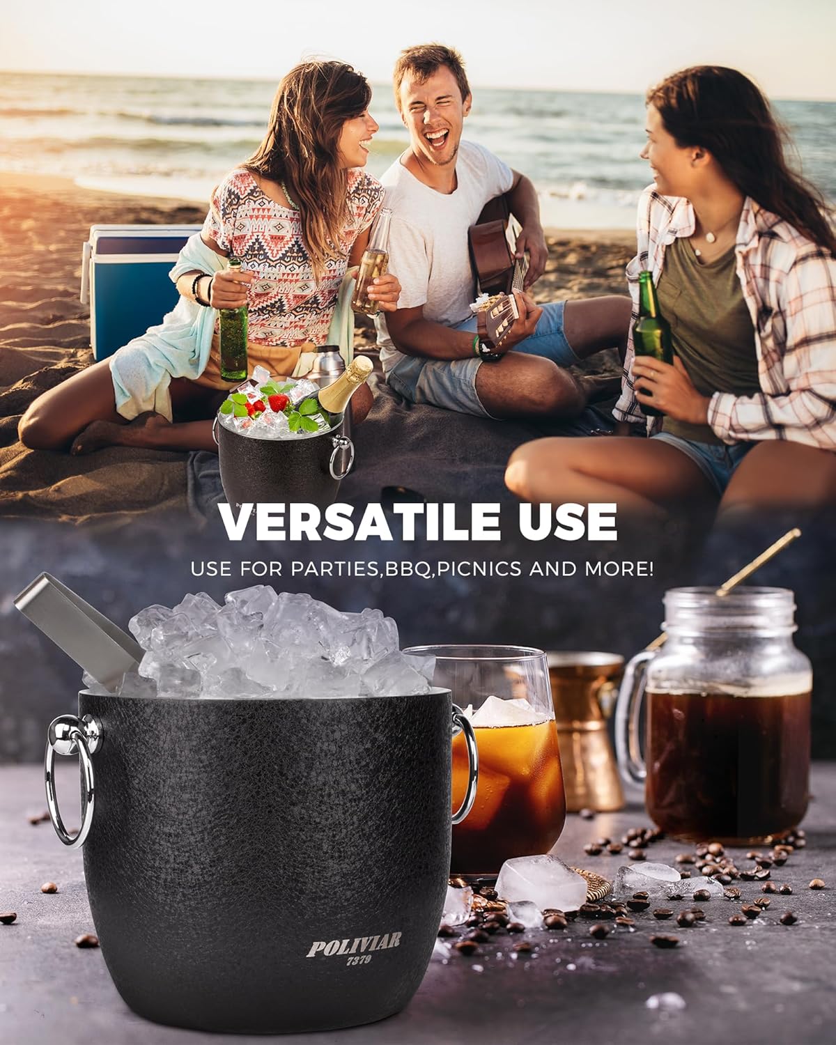 POLIVIAR Ice Bucket, 2.5L Double Wall Ice Bucket with Lid, Stainless Steel Ice Bucket with Tong & Strainer, Ice Bucket for Cocktail Bar, Home & Parties, JX2023-IBLU