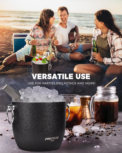 POLIVIAR Ice Bucket, 2.5L Double Wall Ice Bucket with Lid, Stainless Steel Ice Bucket with Tong & Strainer, Ice Bucket for Cocktail Bar, Home & Parties, JX2023-IBLU
