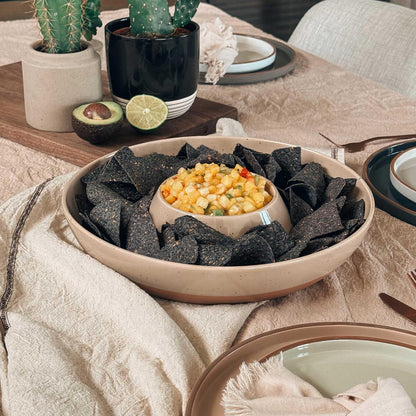 Mora Ceramic Chips and Dip Serving Tray: Large Divided Party Bowl Set for Chips & Salsa, Veggies & Dip, Fruit, Snacks, Entertaining, Hosting, etc. Minimalist Design for the Modern Hostess - White