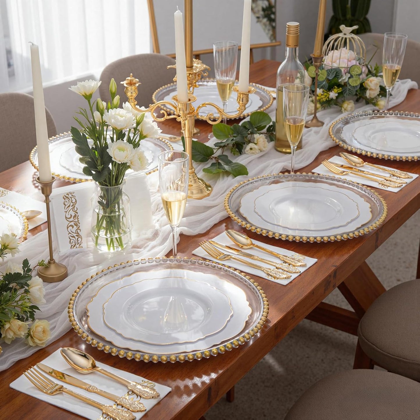 WDF300 Pieces Gold Plastic Silverware - Heavy Duty Disposable Cutlery Set Plastic Gold Silverware Set Includes 100 Forks, 100 Spoons, 100 Knives for Party Baby Shower Wedding Spring