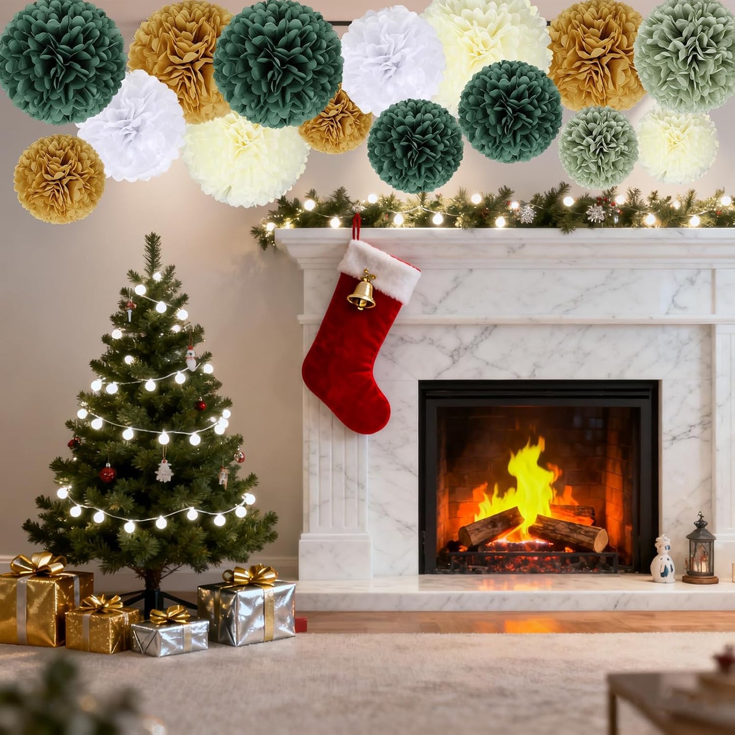 BestoFun 16 PCS Sage Green Party Decorations Tissue Paper Flowers Christmas Party Decors Hanging Pom Poms Decorations for Xmas New Year Winter Holiday Decorations