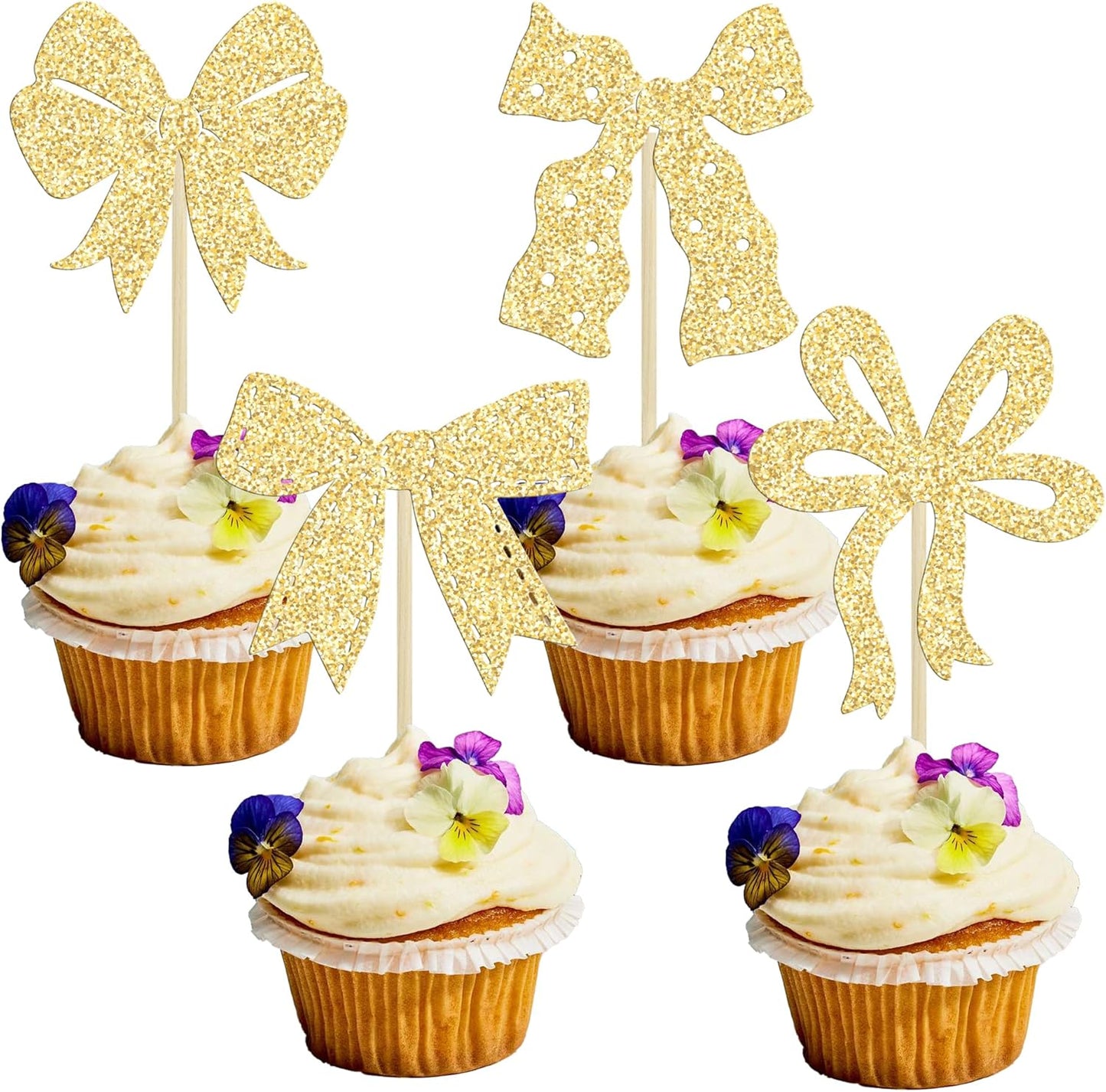 Ephlyn 24Pcs Pink Bow Cupcake Toppers Bow Birthday Cake Topper Girls Birthday Party Decorations Bowknot Cupcake Decorations for Bridal Wedding Themed Party Multi