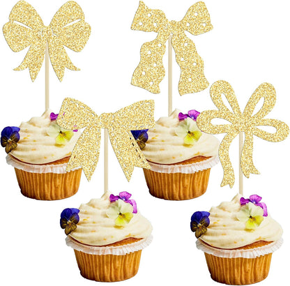 Ephlyn 24Pcs Pink Bow Cupcake Toppers Bow Birthday Cake Topper Girls Birthday Party Decorations Bowknot Cupcake Decorations for Bridal Wedding Themed Party Multi