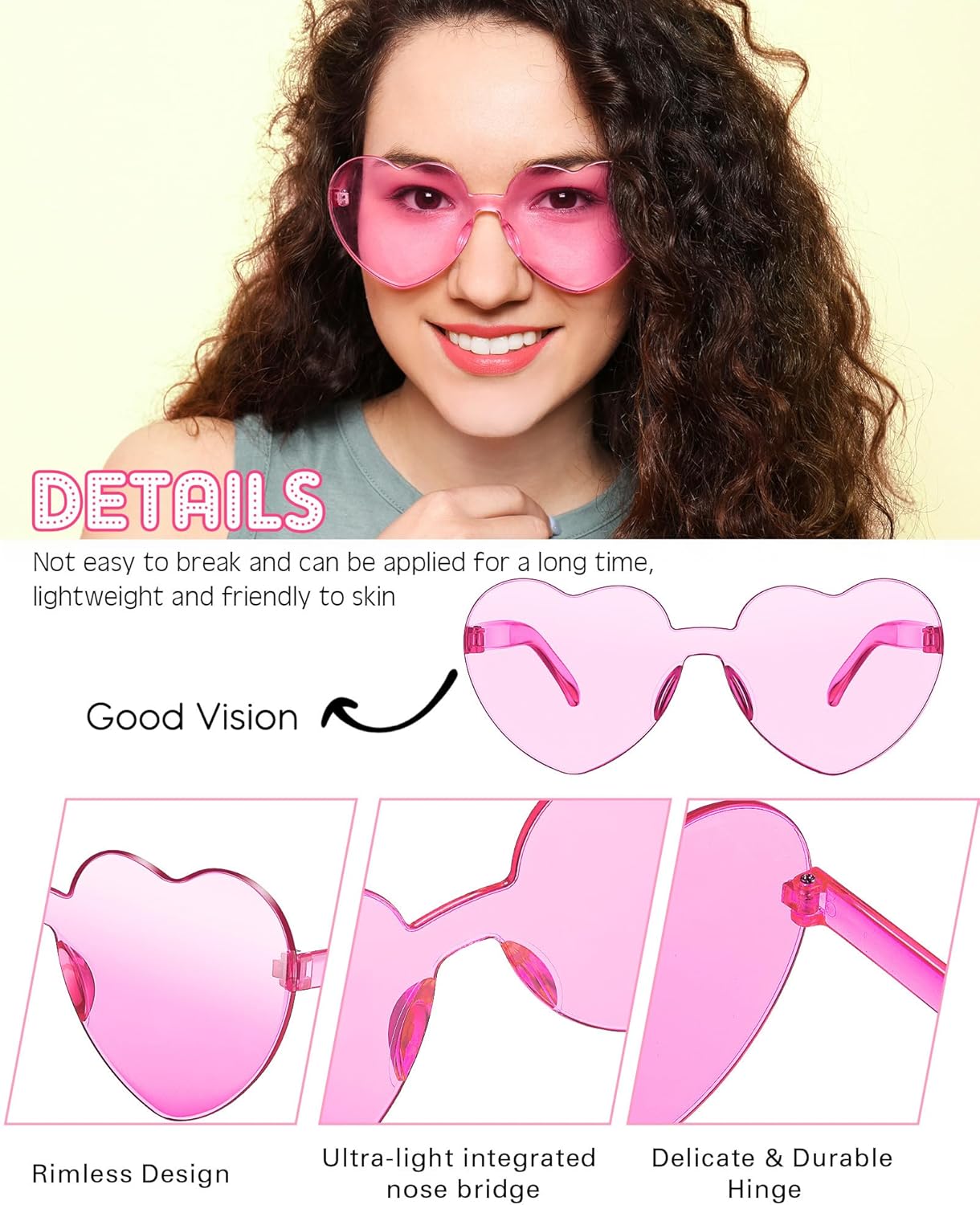 Frienda 8 Pairs Heart Shaped Sunglasses for Women Rimless Heart Glasses Candy Color Sunglasses for Party Favor
