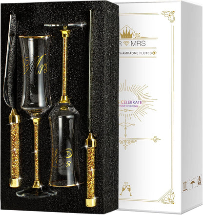 Wedding Cake Knife and Server Set, Wedding Cake Cutting Set with Mr and Champagne Flutes Glasses for Bride and Groom Gifts for Couples