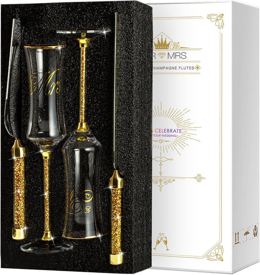 Wedding Cake Knife and Server Set, Wedding Cake Cutting Set with Mr and Champagne Flutes Glasses for Bride and Groom Gifts for Couples