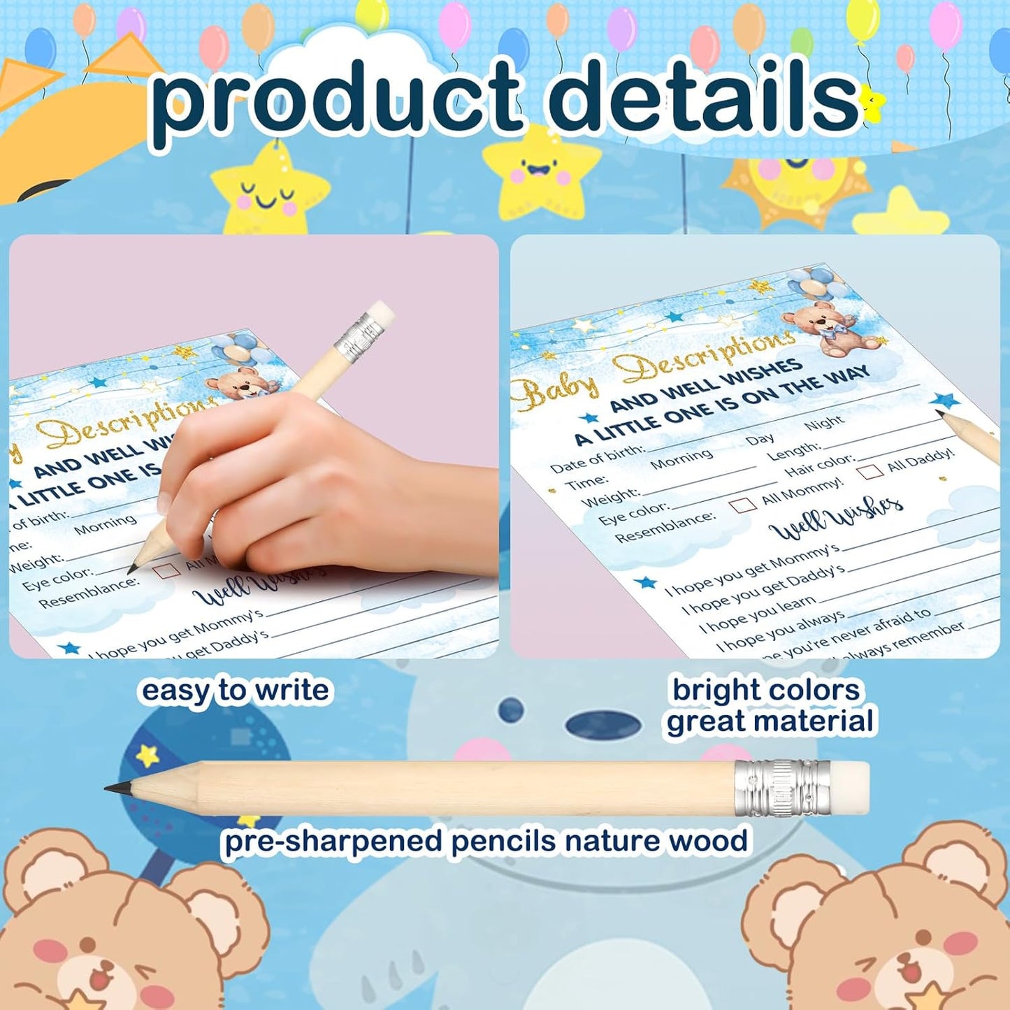 Yinder 145 Pcs Baby Shower Games Activities Cards with 20 Pencils Includes Baby Bingo Description and Wishes Guess Who Price is Right Word Scramble Game(Here Comes the Son)