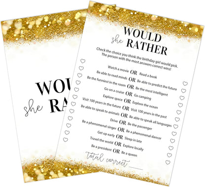 Gold Glitter Birthday Party Game Cards Set, Ever or Never, for Girl Birthdays Supplies, Activity Decorations Double Sided Set of 30 Pcs